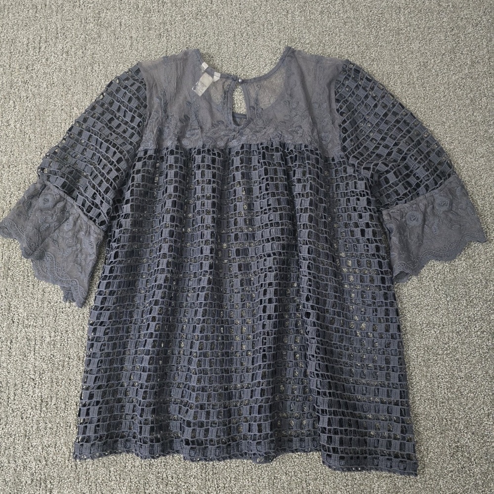 Blue Crochet Lace Babydoll Tunic Top Bell Sleeve Boho Romantic XL - Picture 8 of 8
